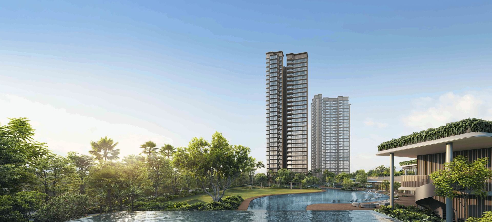 Artist's impression of the 50 m Infinity Lap Pool at Thomson Reserve with the residential towers behind it