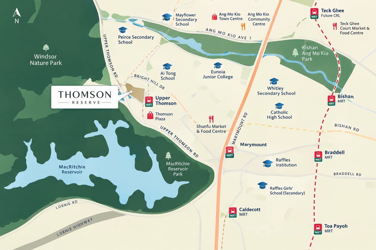 Location map of Thomson Reserve on Bright Hill Drive, showing Upper Thomson MRT, Thomson Plaza, Windsor Nature Park, MacRitchie Reservoir, nearby schools and the MRT lines to Bishan, Braddell, Caldecott and Toa Payoh
