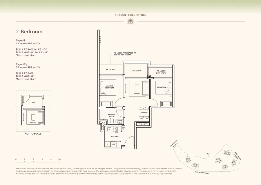 Floor plan of the 2-Bedroom, Type B1, 592 sq ft