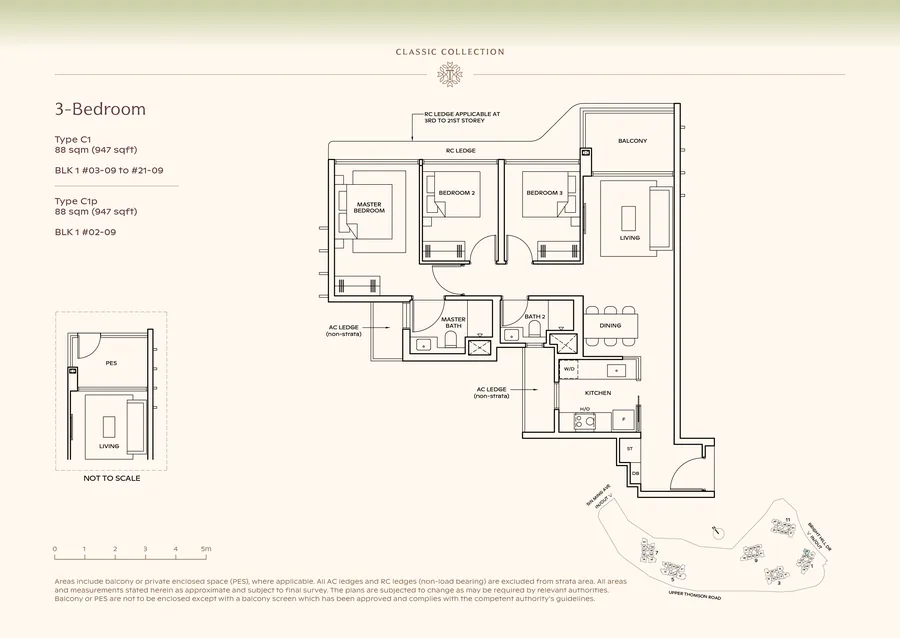 Floor plan of the 3-Bedroom, Type C1, 947 sq ft