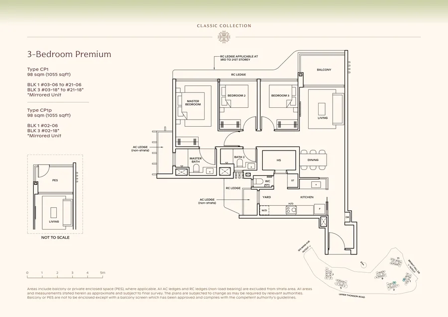 Floor plan of the 3-Bedroom Premium, Type CP1, 1,055 sq ft