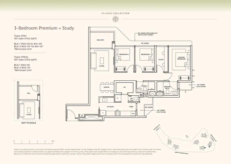 Floor plan of the 3-Bedroom Premium + Study, Type CPS1, 1,152 sq ft