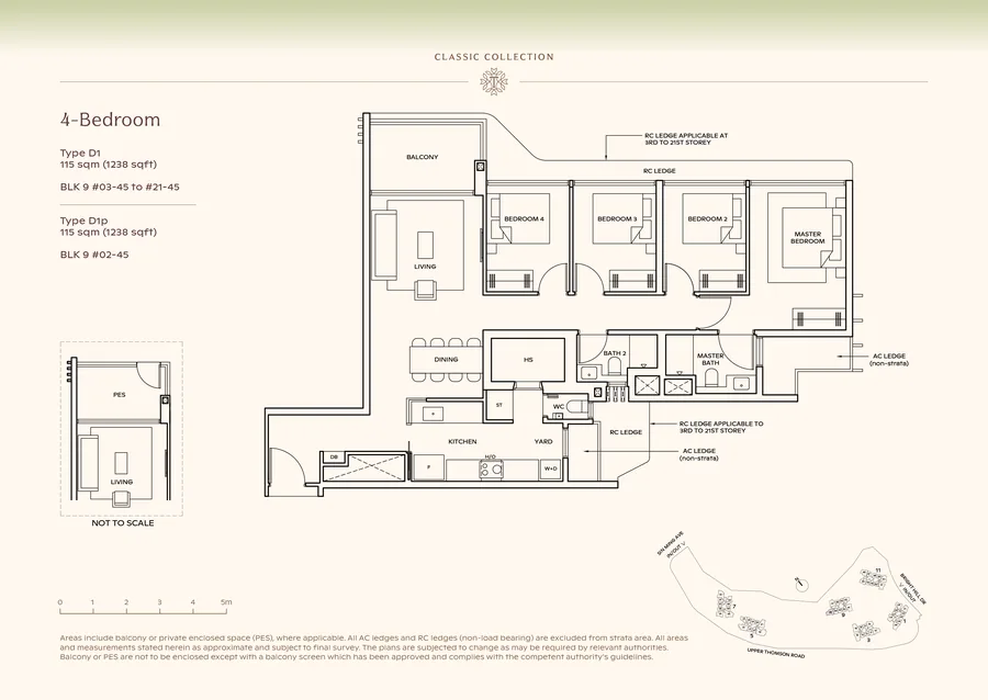 Floor plan of the 4-Bedroom, Type D1, 1,238 sq ft