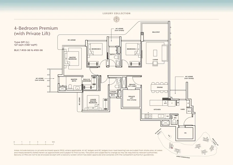 Floor plan of the 4-Bedroom Premium with private lift, Type DP1 (L), 1,367 sq ft