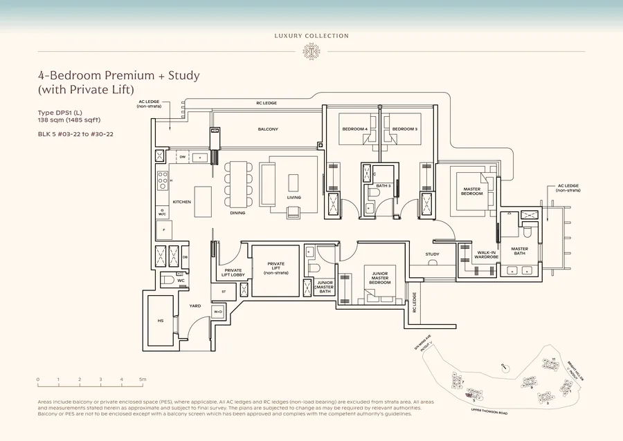 Floor plan of the 4-Bedroom Premium + Study with private lift, Type DPS1 (L), 1,485 sq ft