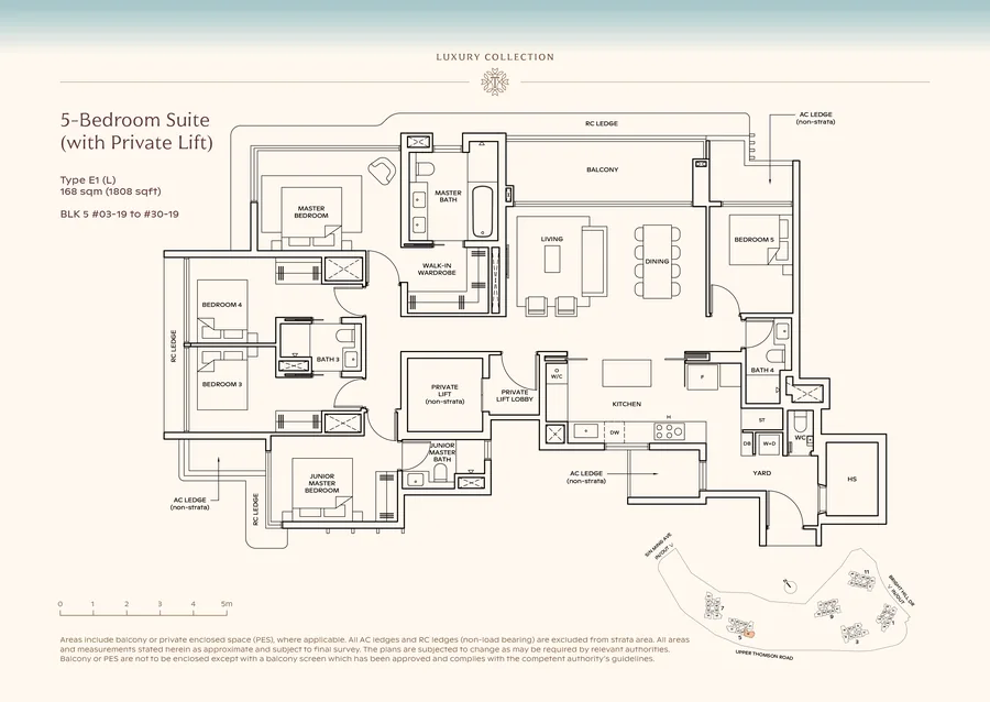Floor plan of the 5-Bedroom Suite with private lift, Type E1 (L), 1,808 sq ft